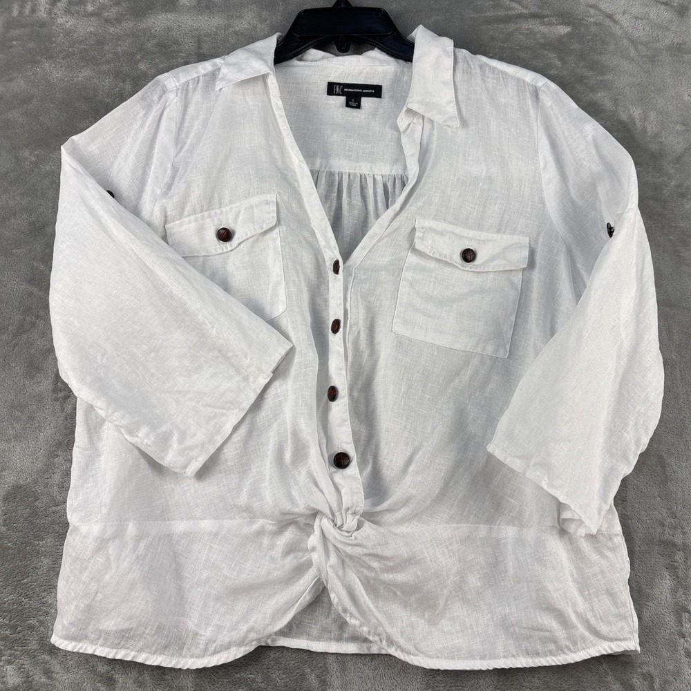 INC Linen Button-Down Womens Large White Front Knot Roll Tab EUC